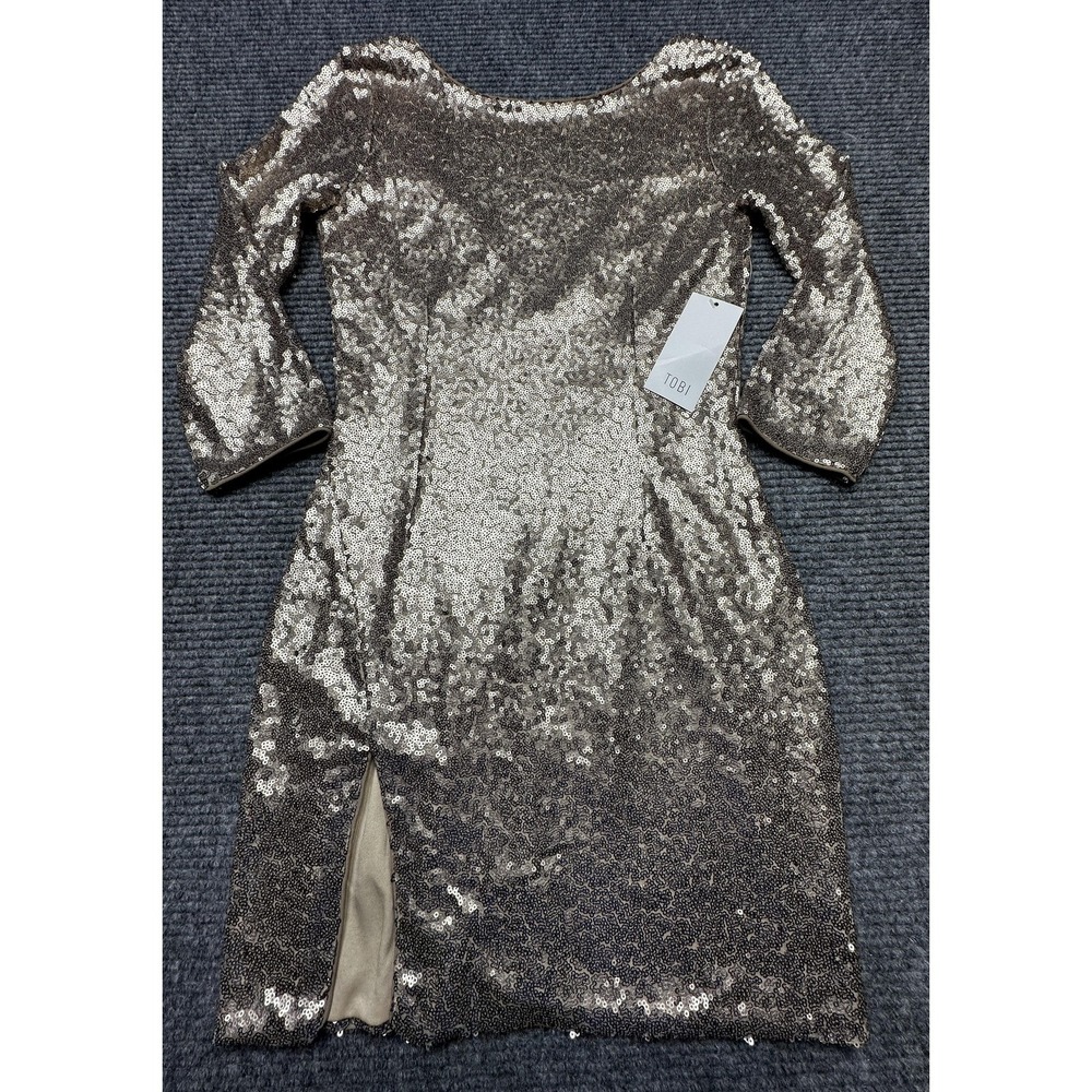 Tobi Dress Womens Small Gold Sequin Bodycon 3/4 Sleeve‎ Mini Party Cocktail